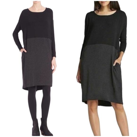 Eileen Fisher Jersey Color Block Shirt Dress Long Sleeve Size PL Black Gray Soft - Picture 1 of 10